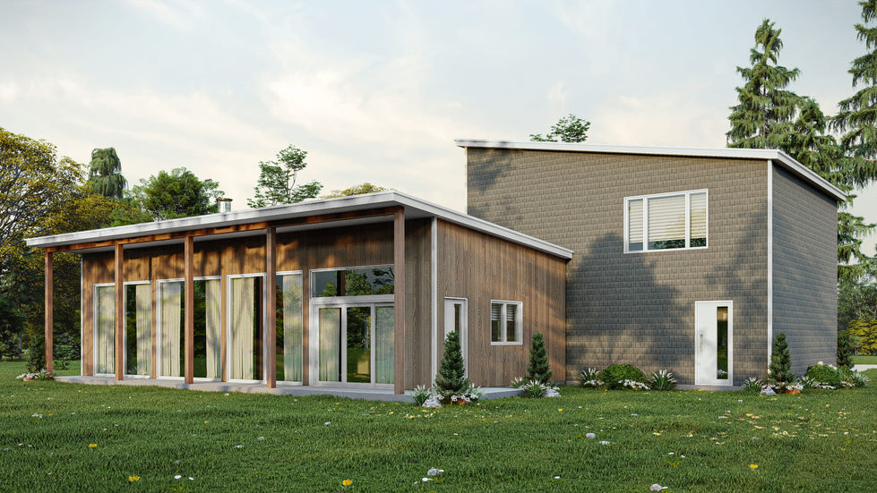 Façade arrière d’une maison moderne avec mezzanine et grandes fenêtres