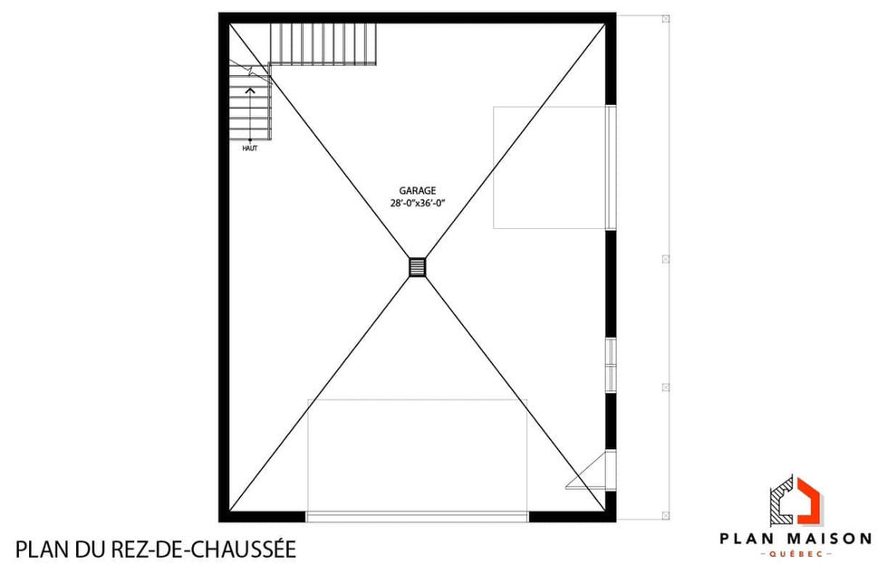Plan du rez-de-chaussée d'un garage détaché avec escalier vers le rangement.