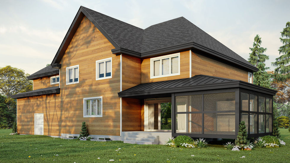 Vue arrière d’une maison à étage 4 chambres avec grande terrasse couverte