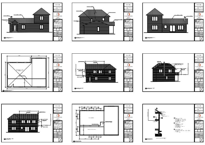 Plans d'architecture d'une maison illustrant une surélévation résidentielle avec mezzanine.