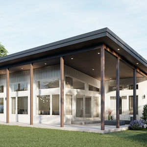 Maison contemporaine à toit monopente avec grande terrasse couverte et architecture moderne.