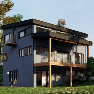 Conception chalet contemporain sur trois niveaux avec grande terrasse couverte et accents de bois.