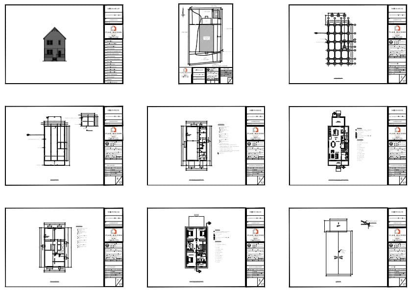 Plans techniques complets d’une maison urbaine traditionnelle noire à deux étages.