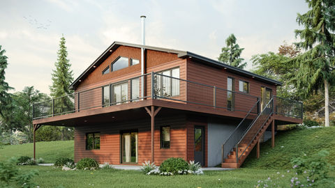 Perspective illustrant la terrasse surélevée et l’accès extérieur.