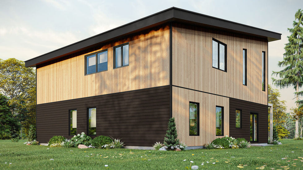 Maison contemporaine en bois à deux niveaux avec toiture monopente