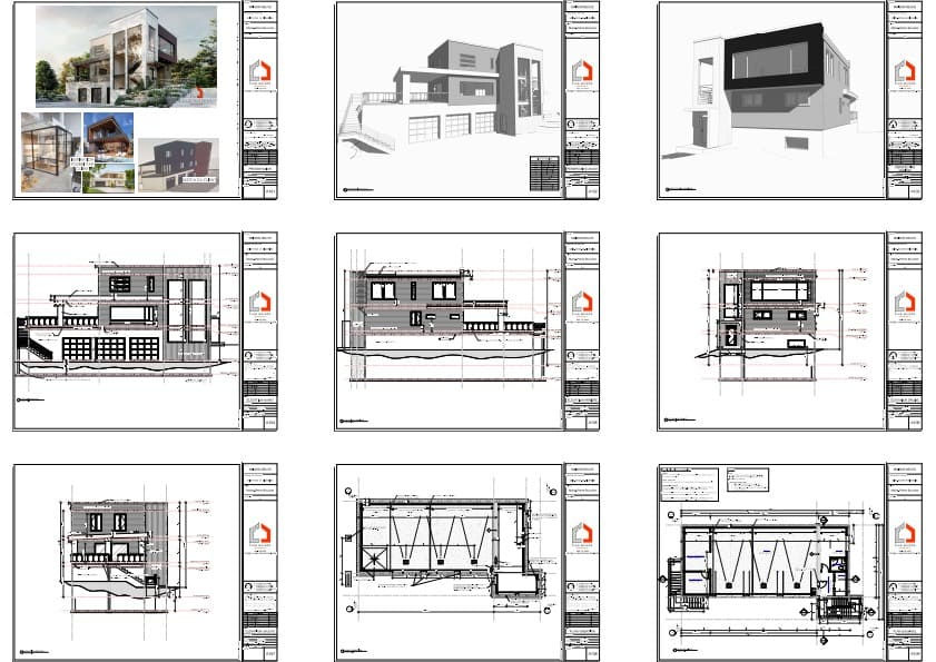 Plans techniques d'une maison moderne à étage avec toit plat et garage triple.