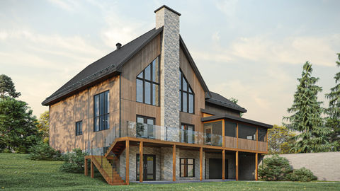 Vue arrière d’une maison rustique contemporaine avec terrasse