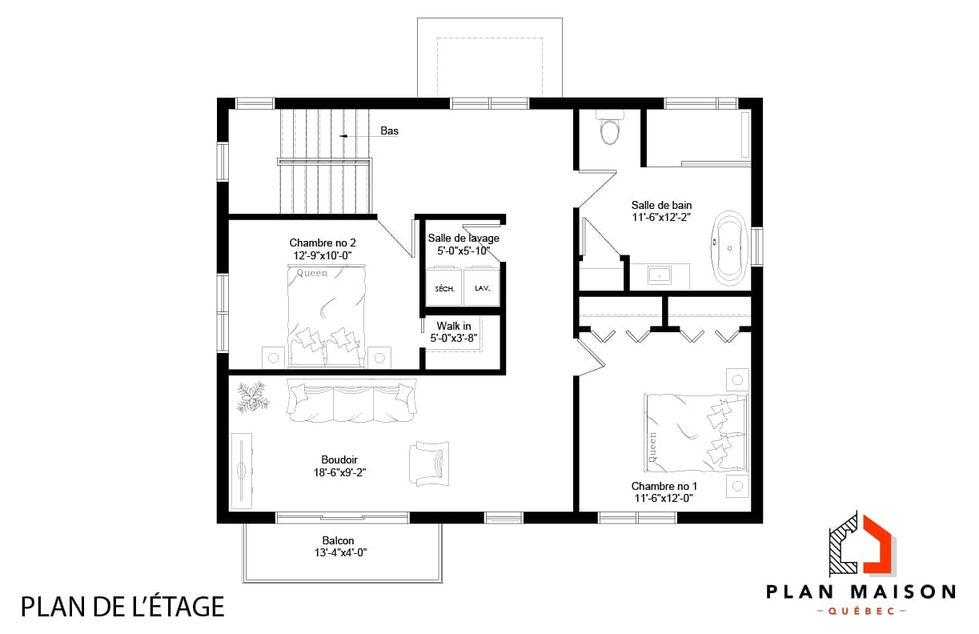 plan étage maison contemporaine balcon deux chambres salle de bain