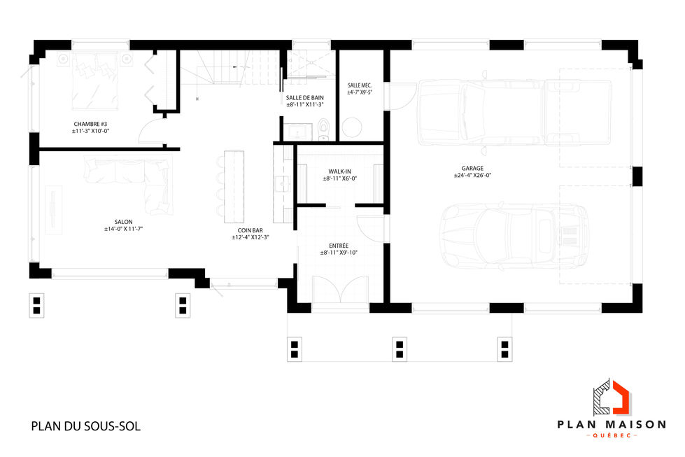 Plan du sous-sol d’une maison de montagne contemporaine avec garage double intégré et salle familiale