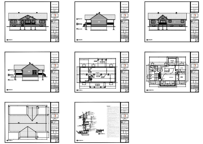 Plans de construction détaillés d’une maison de campagne avec galerie couverte.