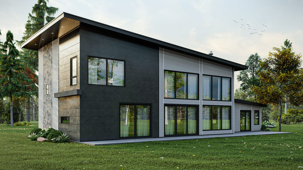 Vue arrière d'une maison moderne contemporaine avec grandes fenêtres et architecture contemporaine.