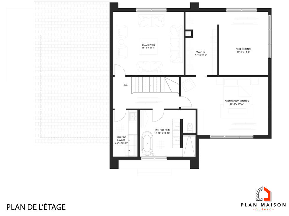 Plan étage maison contemporaine nordique avec chambre principale