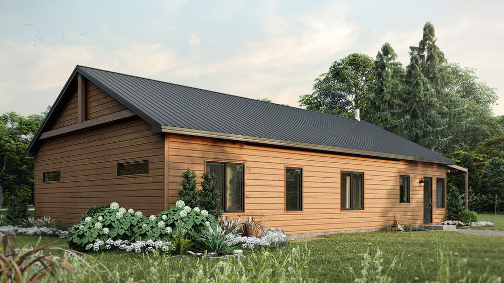 Vue arrière d’une maison champêtre en bois 4 chambres avec revêtement naturel et toiture métallique noire.