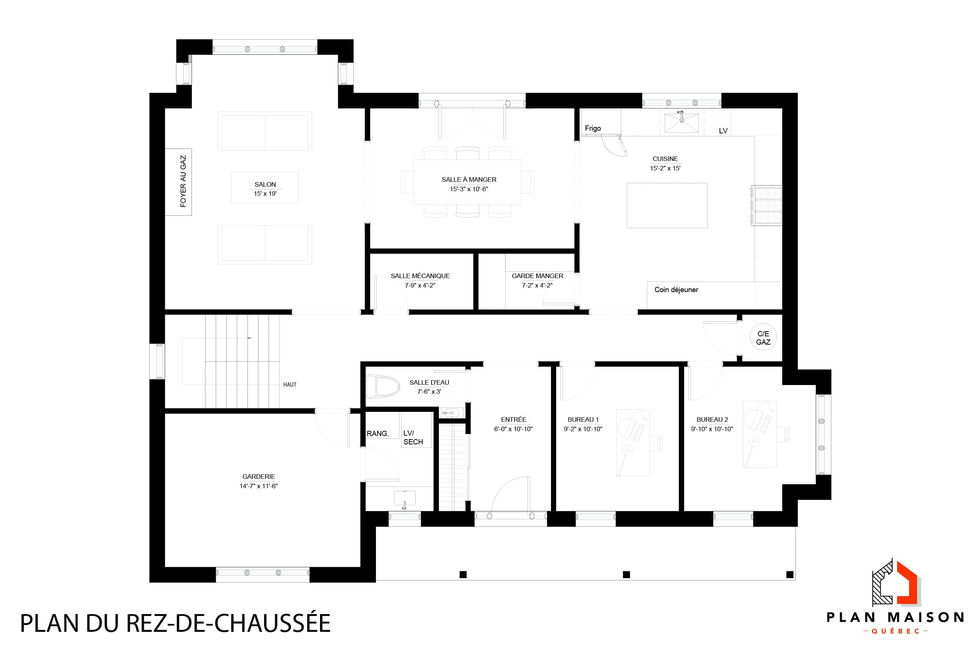 plan architecture rez-de-chaussée résidence classique symétrique espaces ouverts
