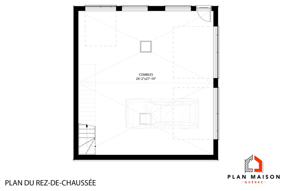 Coupe architecturale intérieure d’un garage farmhouse avec mezzanine