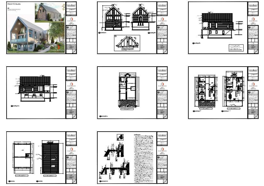 Plans techniques complets d'un chalet contemporain avec mezzanine et rez-de-jardin.