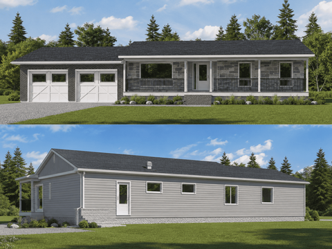 Façade avant d'une maison avec garage double intégré, parement de pierre, portes de garage traditionnelles et galerie couverte.