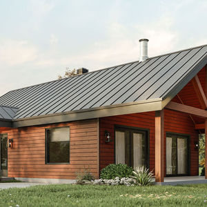 plan de chalet rustique 2 chambres avec terrasse couverte façade entrée bois poutres apparentes