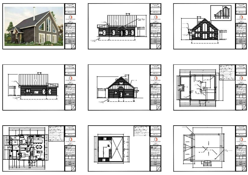 Feuilles de plans de construction pour chalet moderne avec mezzanine