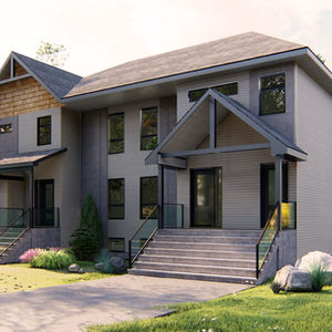 plan de triplex jumelé contemporain façade avant avec garage et entrées indépendantes