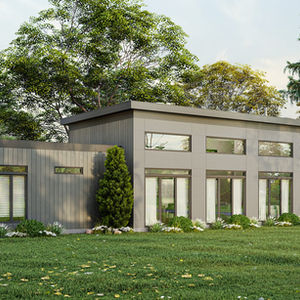 Façade avant d'une maison moderne en L de plain-pied avec garage intégré.