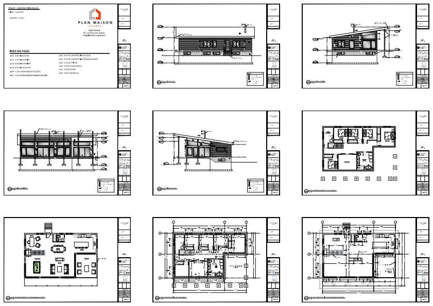 Plans techniques d’une maison contemporaine à toit monopente avec détails de construction.