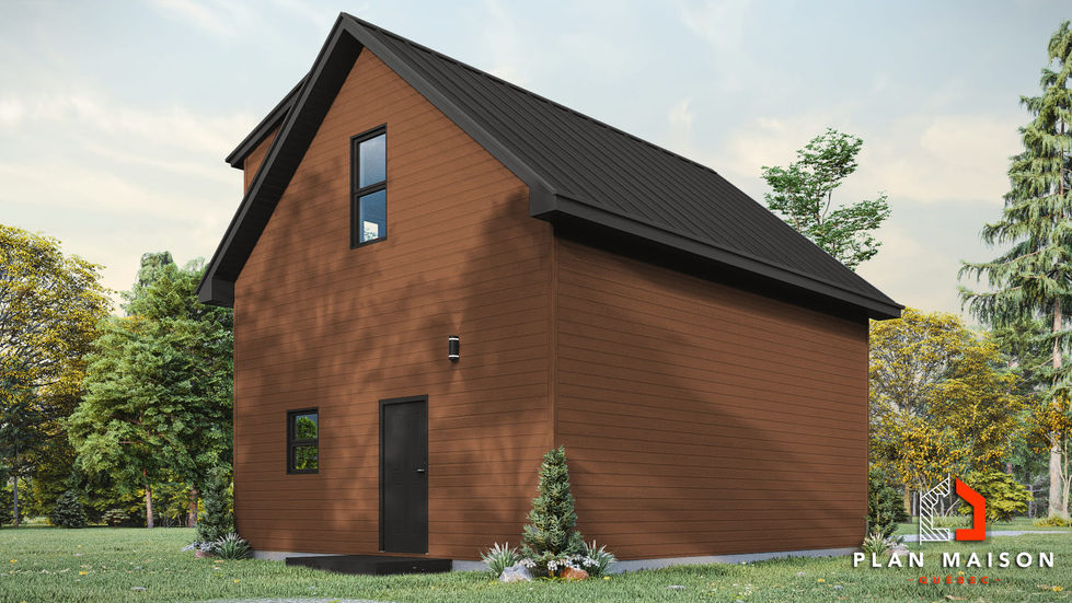 Plan de garage détaché en 3D contemporain avec revêtement de bois et toiture métallique noire