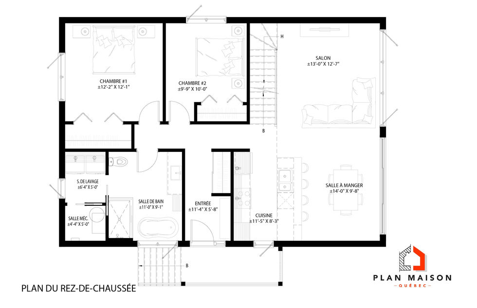 Plan du rez-de-chaussée d'une maison à aire ouverte avec cuisine, salon et salle à manger intégrés.