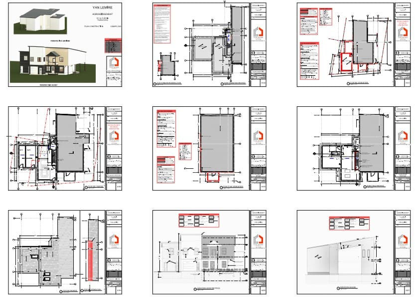 Plans techniques d'un agrandissement résidentiel comprenant garage, espaces de rangement et nouvelles élévations.
