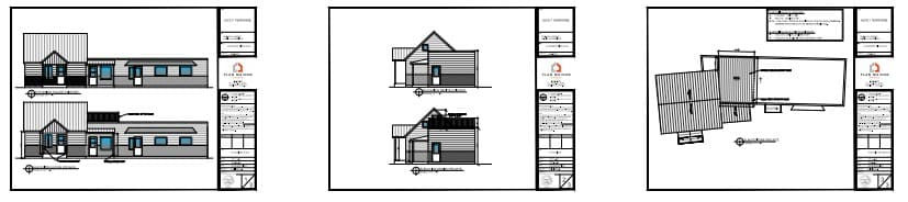 Plans architecturaux montrant l’ajout d’une terrasse sur toiture et de colonnes en bois en façade.