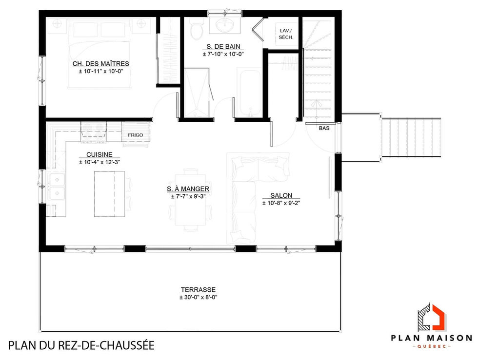Plan du rez-de-chaussée d’une maison monopente avec chambre et aire ouverte
