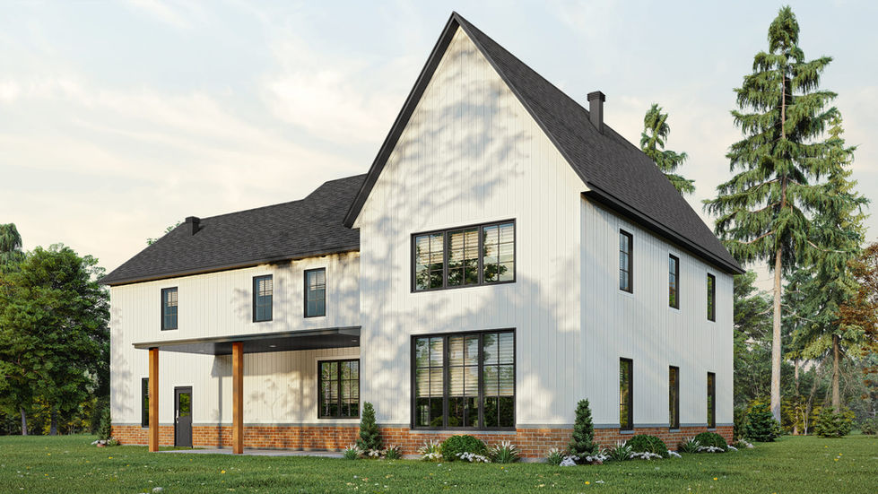 Maison farmhouse 7 chambres vue arrière avec revêtement vertical blanc et grandes fenêtres