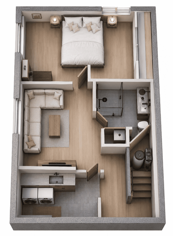 Projet de transformation de sous-sol résidentiel avec chambre, séjour, salle de bain et salle de lavage.