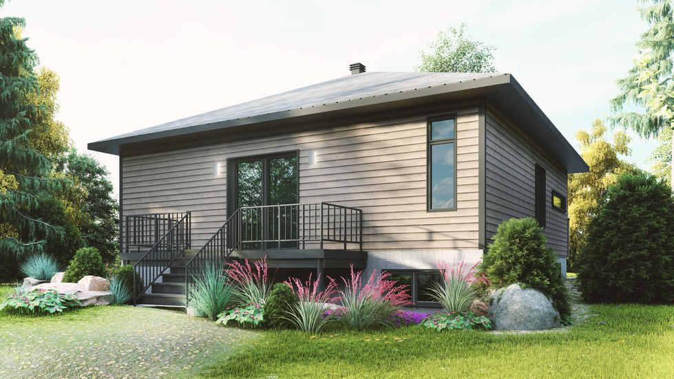 Vue arrière d’un bungalow contemporain avec sous-sol habitable