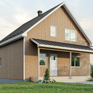 Visualisation 3D d'un chalet revêtu de bois avec galerie couverte.