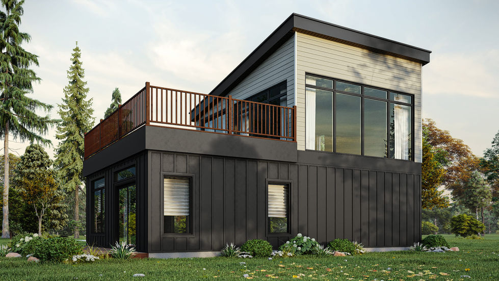 Vue arrière d'une maison contemporaine avec grande terrasse aménagée sur toiture plate.