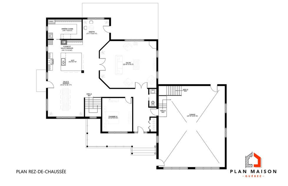 Plan du rez-de-chaussée d’une grande maison farmhouse avec garage double