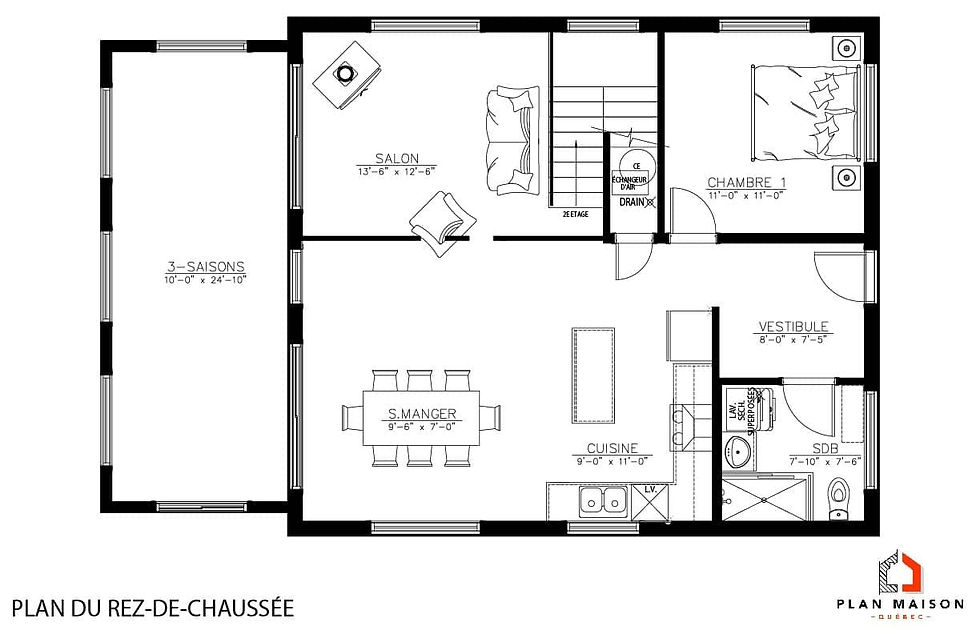 Thumbnail: Plan de chalet scandinave contemporain avec mezzanine - Plan du rez-de-chaussée