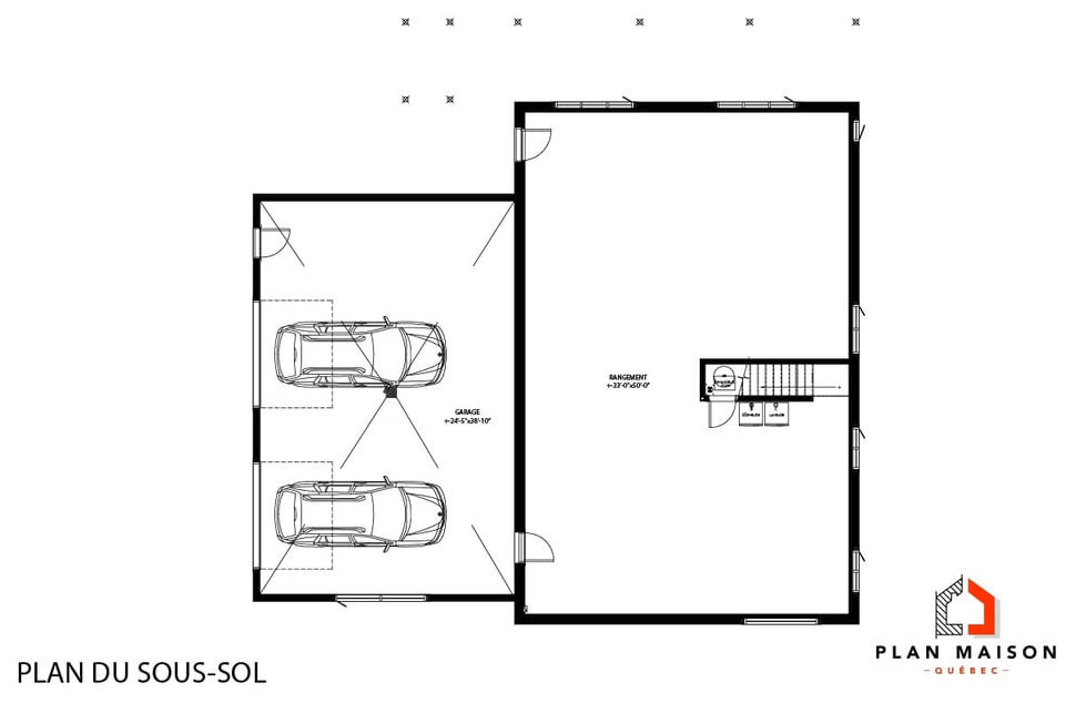 Plan du sous-sol avec garage double intégré dans un duplex moderne avec garage double et terrasse surélevée