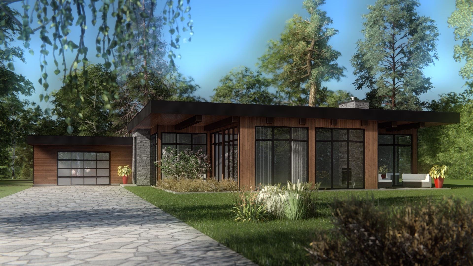 Modèle de plain-pied avec garage - Extérieur avant 1