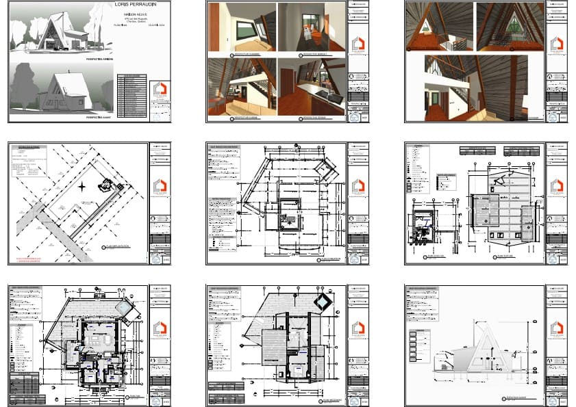 Plans architecturaux complets d'un chalet A-frame contemporain avec mezzanine.