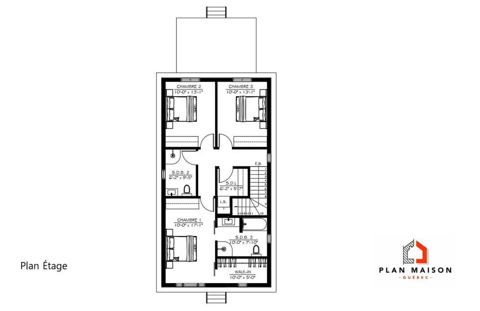 Plan d’étage d’une maison familiale avec trois chambres et deux salles de bain.