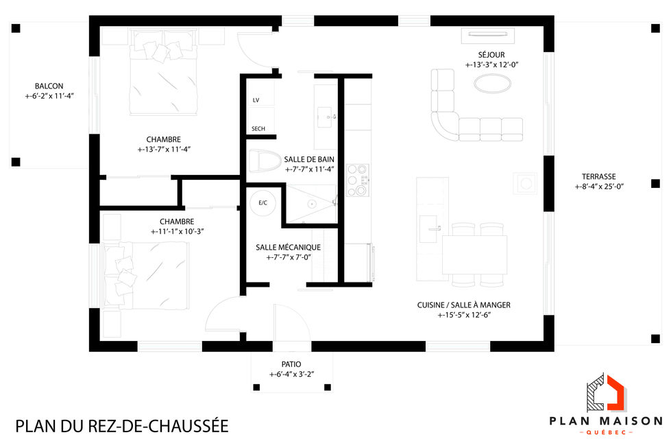 plan chalet rustique 2 chambres aire ouverte cuisine salon salle de bain dimensions