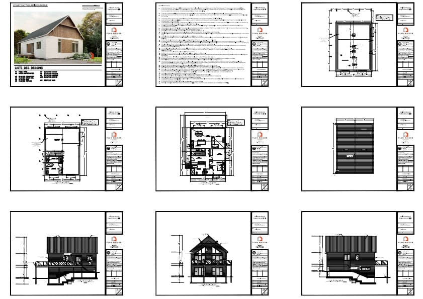 Plan de construction complet d'un chalet avec rez-de-jardin incluant plans, coupes et élévations.