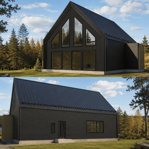 Façade avant d'un chalet scandinave à grande fenestration avec architecture contemporaine.