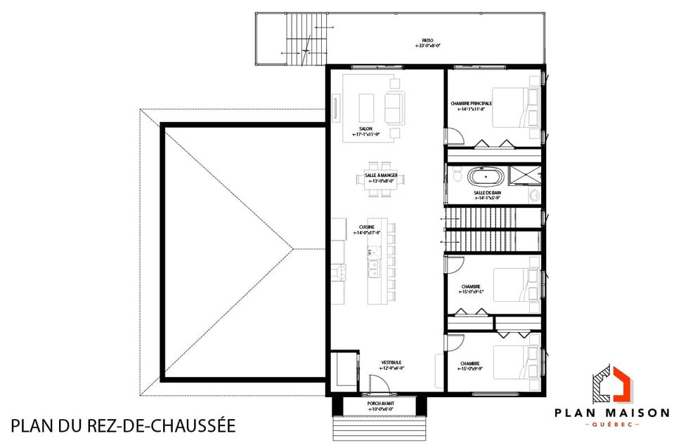 Plan du rez-de-chaussée avec aire ouverte dans un duplex moderne avec garage double et terrasse surélevée