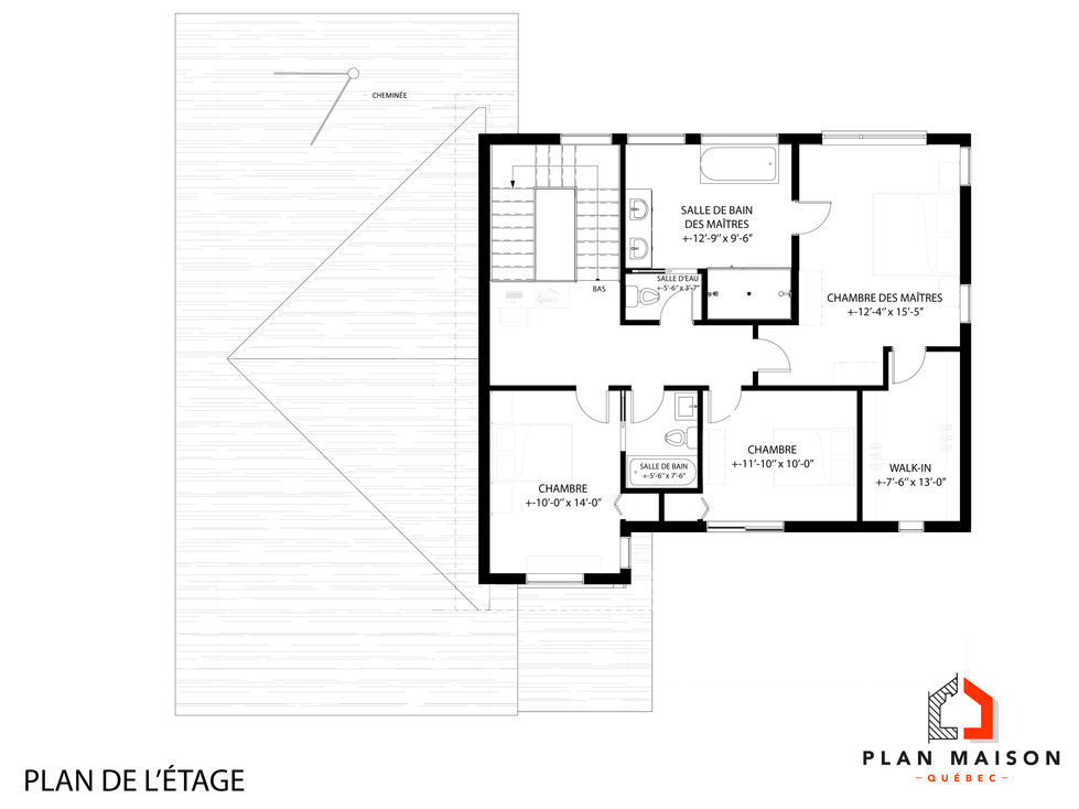 plan étage maison contemporaine avec chambre des maîtres walk-in et salle de bain