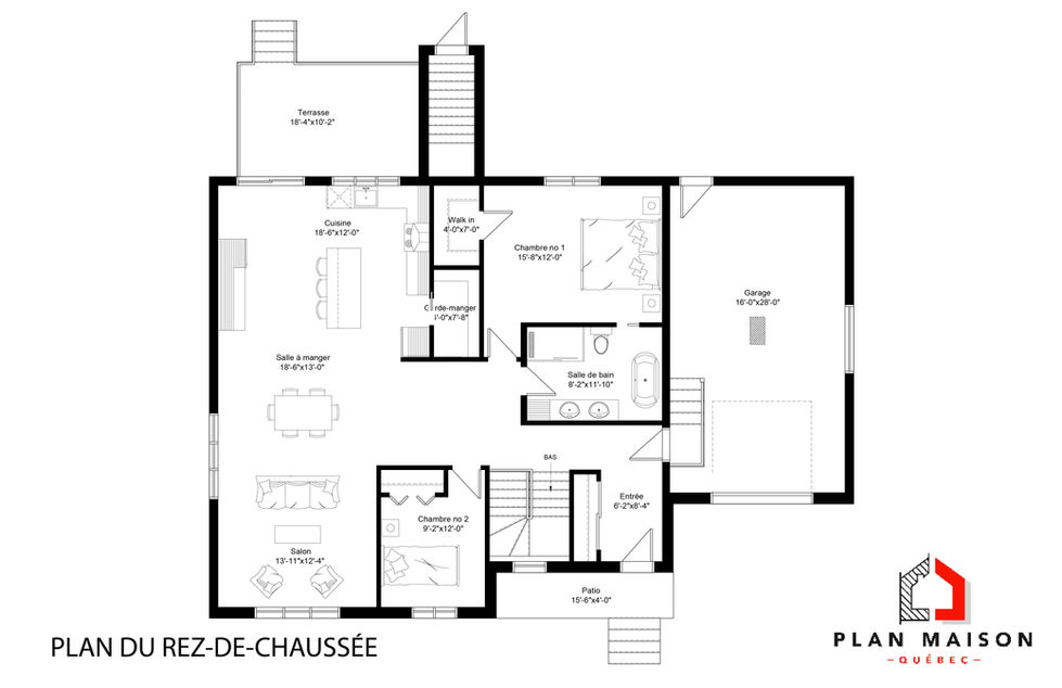 Plan de rez-de-chaussée avec cuisine ouverte, deux chambres et garage intégré dans maison plain-pied