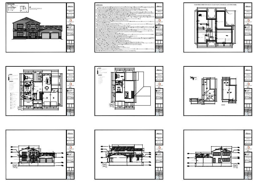Plans techniques complets d'une maison familiale à deux étages avec garage double.