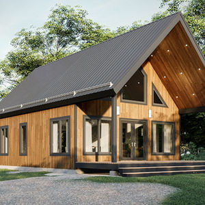 Vue arrière d’une maison scandinave moderne avec grande fenestration